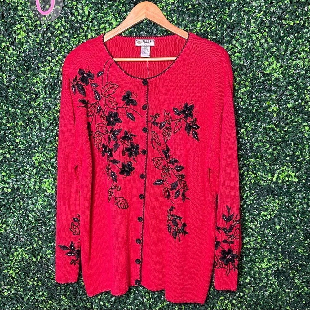 Vtg. Red Women’s Knit Embroidered Tiara Sweater Sz 14/16